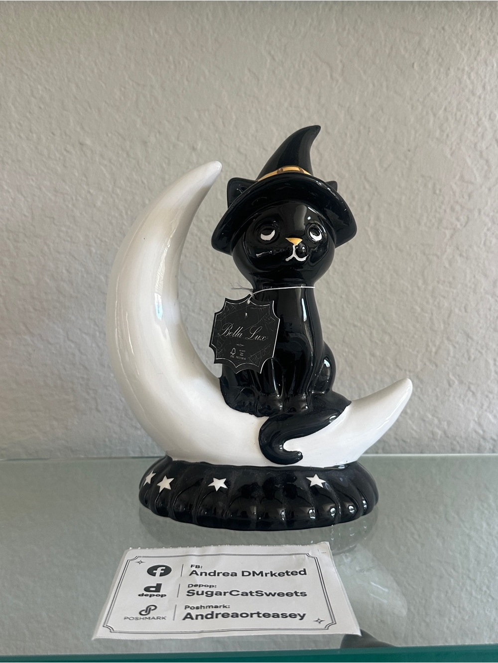 Bella Luxx Black Cat Witch on White Crescent Moon with Gold Hat Accent